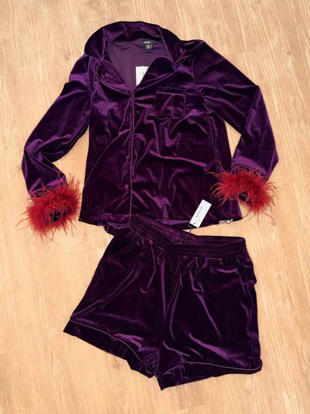 Nasty Gal Contrast Feather Trim Velvet 2pc Pajama Set, NWT ($55)! - Picture 2 of 4